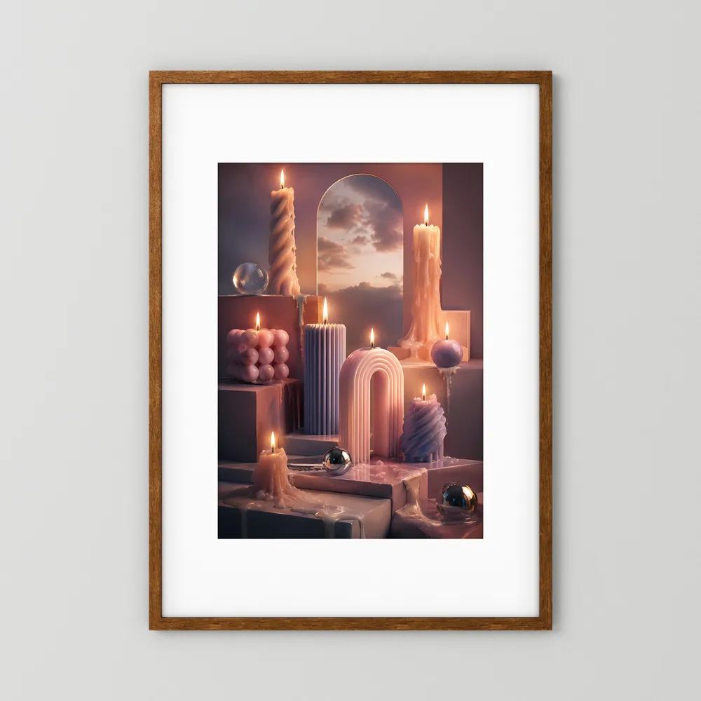 Hochformatiges Poster mit brennenden Kerzen, rosafarbenen Formen und goldenen Akzenten im Rahmen