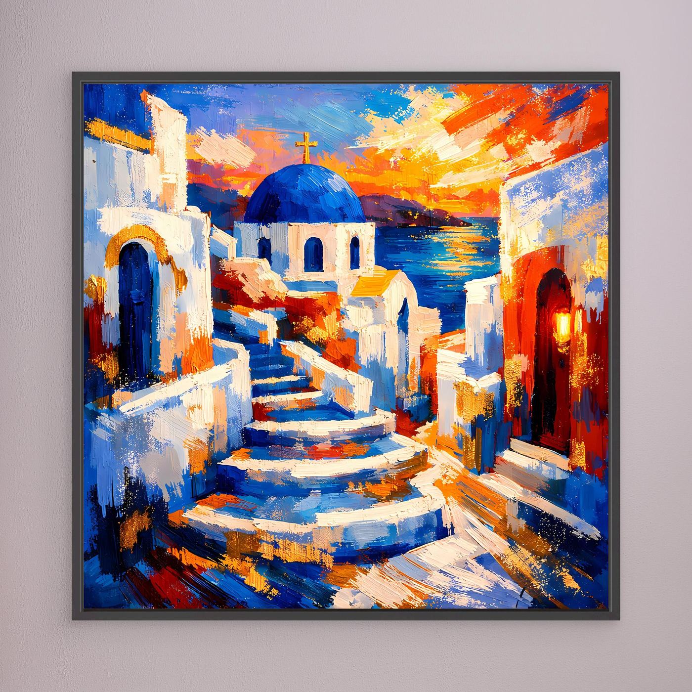 Leinwandbild mit abstrakter Santorin-Gasse, grauer Rahmen, Treppe und blaue Kuppel
