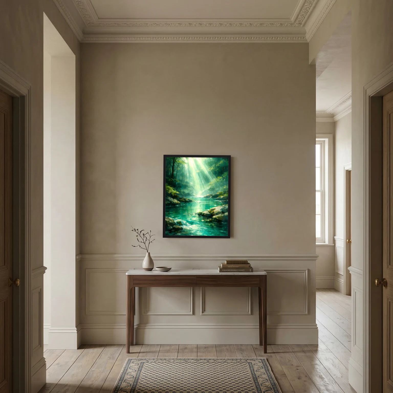 Wandbild mit Fluss im grünen Wald und Lichtstrahlen, dunkel gerahmt