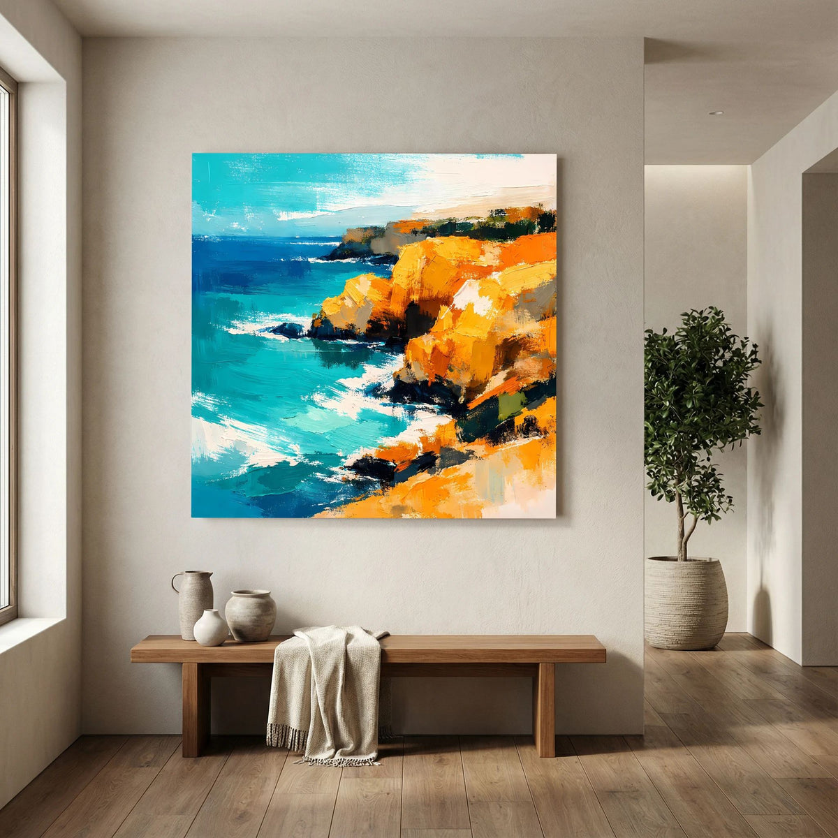Leinwand Abstraktes Steilküsten Gemälde | Modernes Mediterranes Meeres Wandbild Blau Gelb