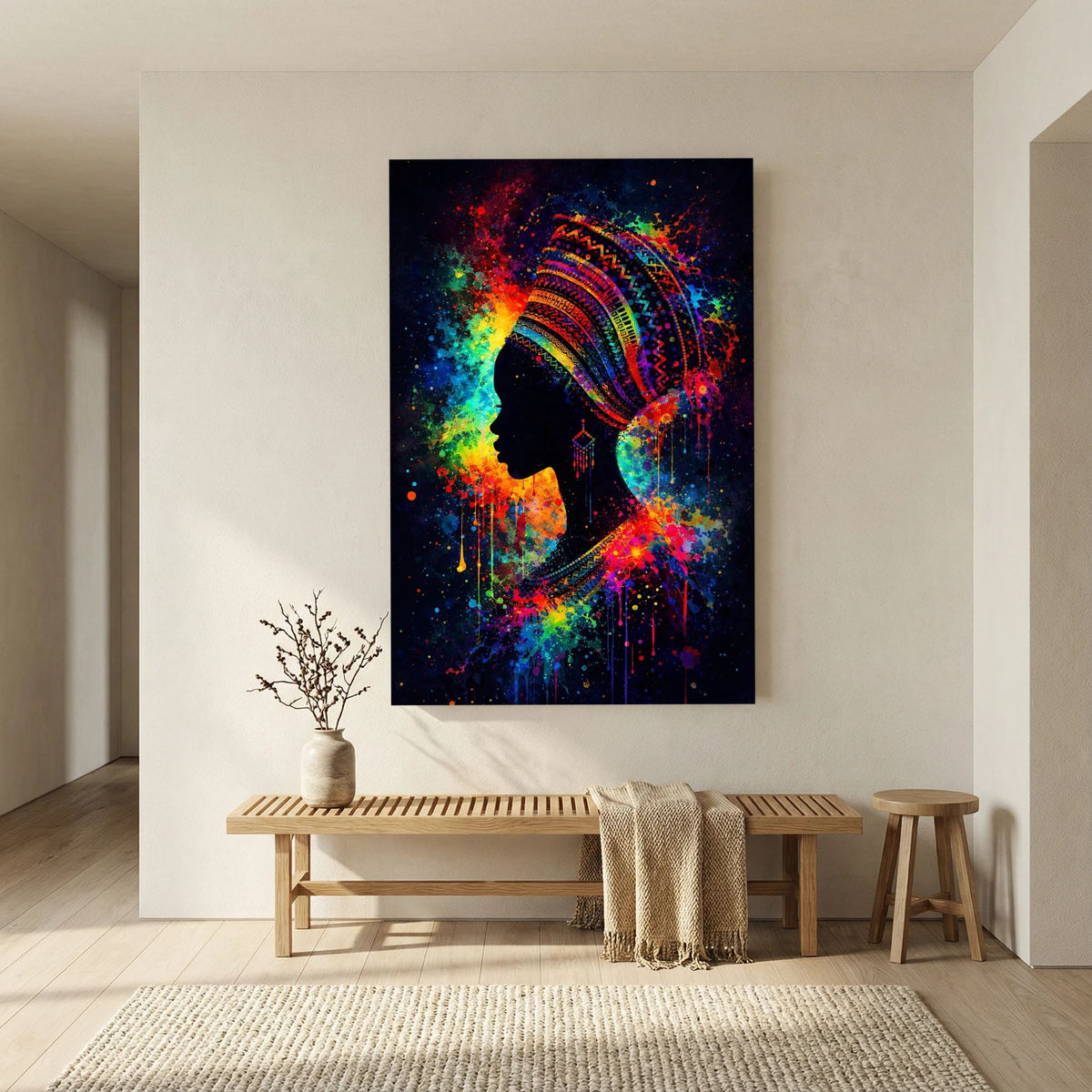 Hochformatiges Poster mit Silhouette einer Frau im Profil und farbigem Kopfschmuck