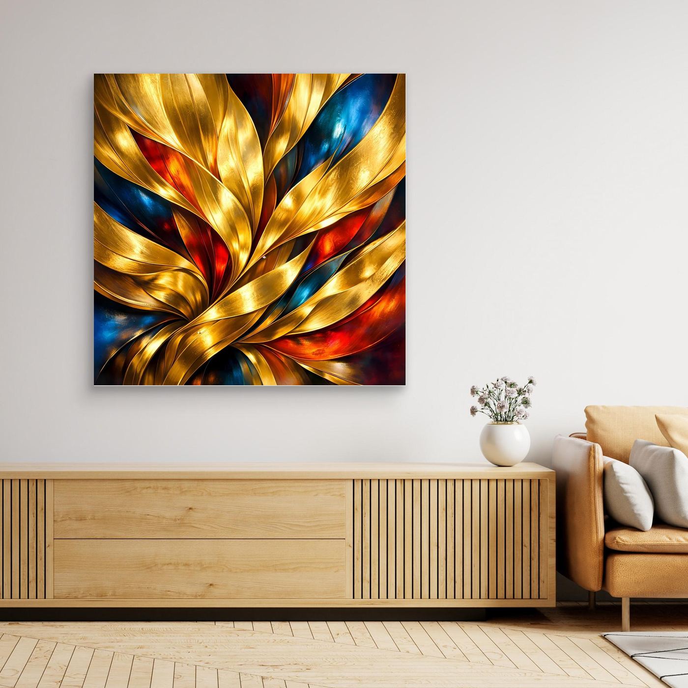 Leinwandbild mit abstrakten goldenen Wellen, blau-roten Akzenten im dunklen Rahmen
