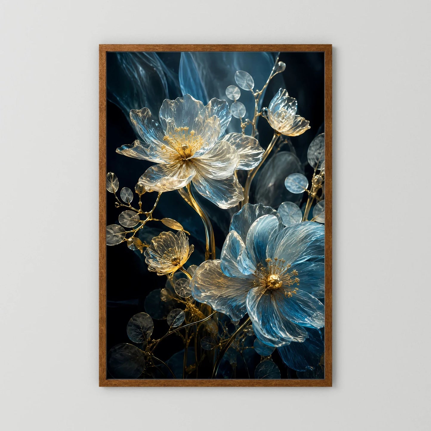 Poster mit floralen Glaskunst-Blüten in Blau und Gold, brauner Holzrahmen