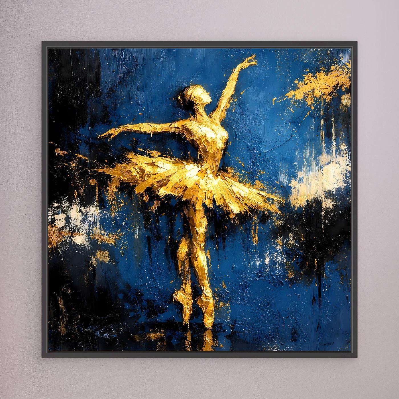 Leinwand Elegante Ballerina in Gold und Blau | Abstraktes Ballett Wandbild