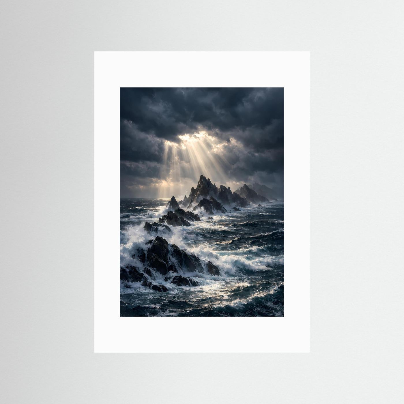 Hochformat-Ozeanposter mit Klippen, Lichtstrahlen und tobender See mit weißem Passepartout