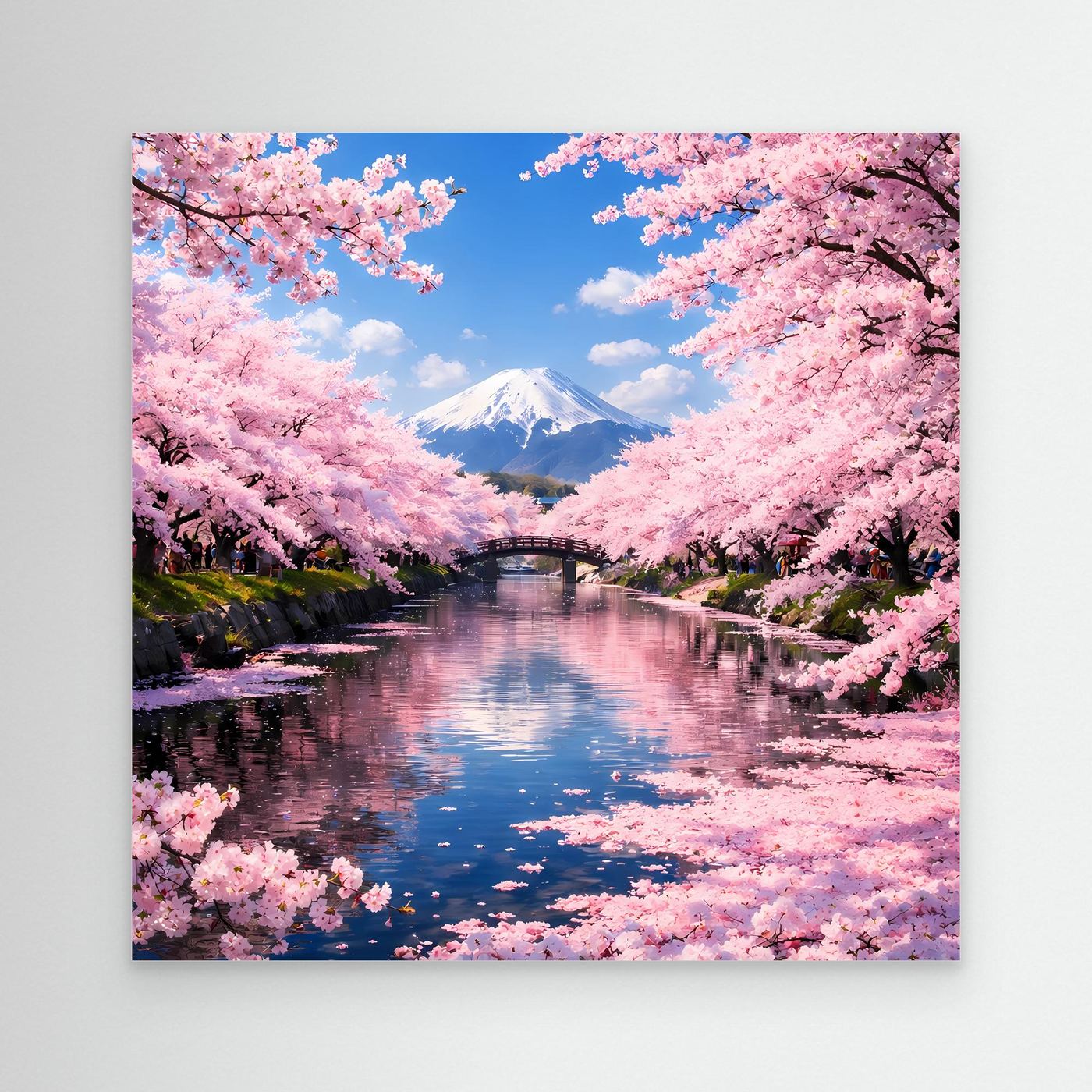 Leinwandbild mit Kirschblüten, Fluss und Fuji-Motiv in Rosa-Blau-Tönen