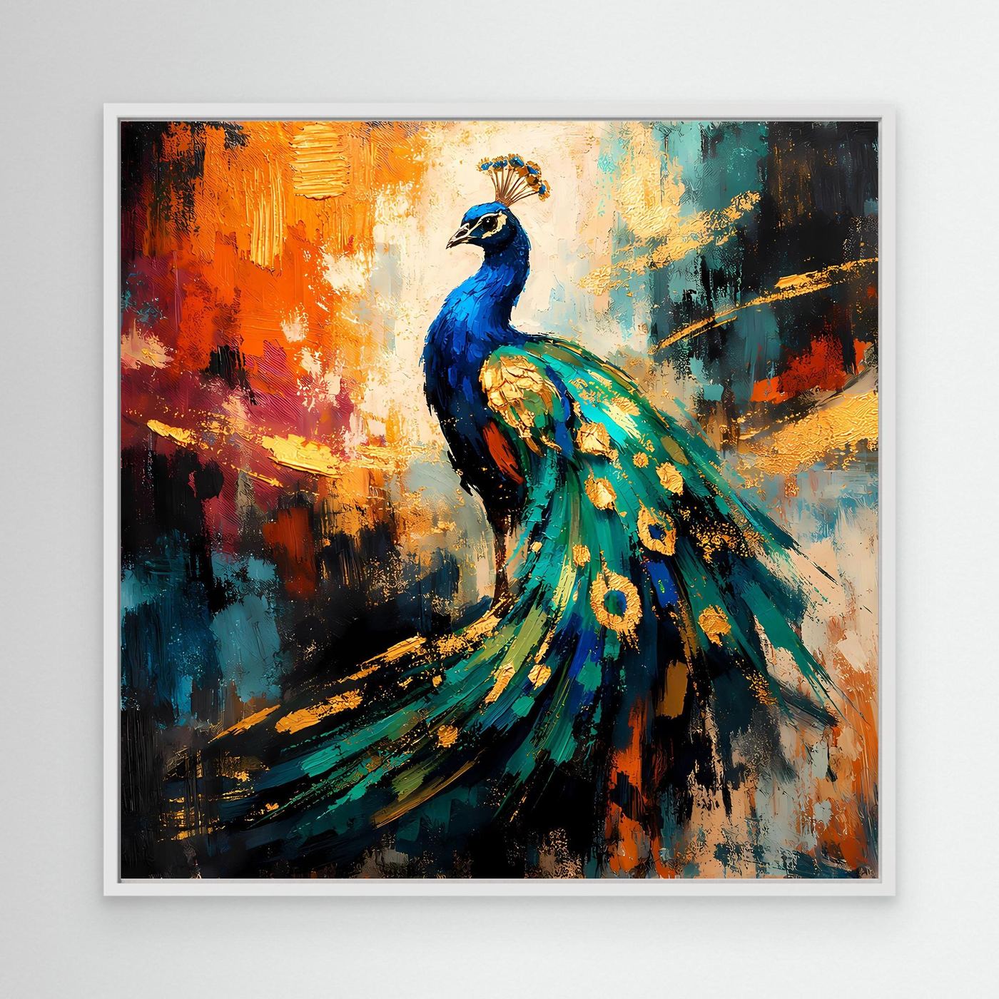 Leinwandbild mit leuchtendem Pfau, abstrakt gemalt, weißer Rahmen