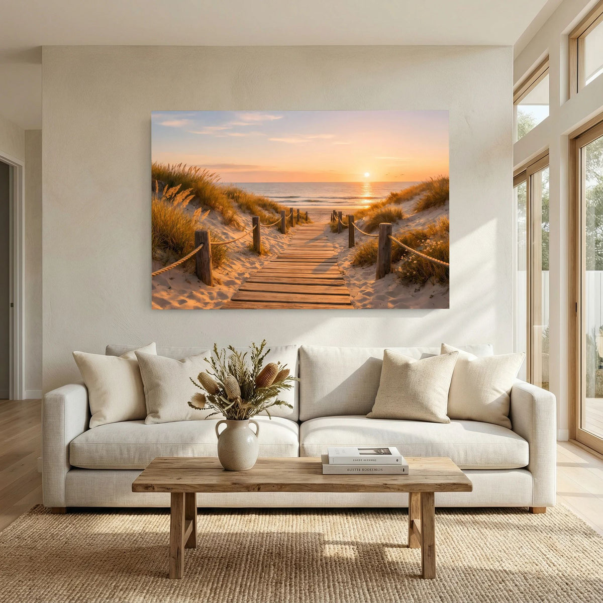 Wandbild: Holzsteg durch Dünen zum Meer mit orangefarbenem Sonnenuntergang