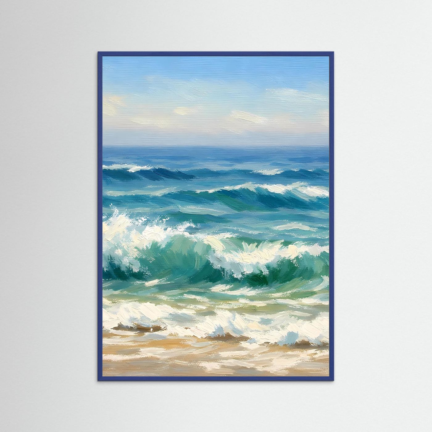 Poster mit gemalten Meereswellen am Strand in Blau- und Grüntönen, mit blauem Rahmen
