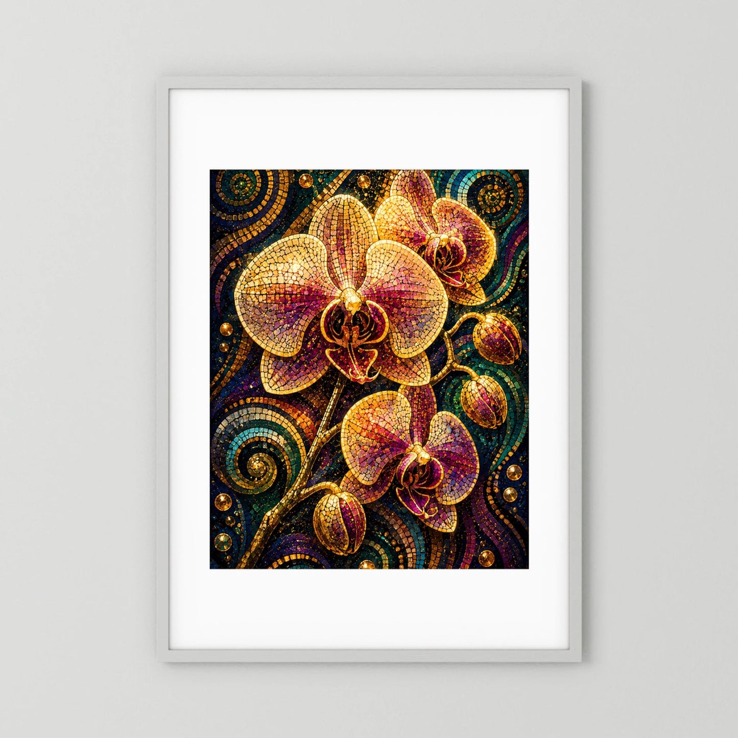 Poster mit Mosaik-Orchideen in Gold und Violett, weißer Rahmen mit Rand