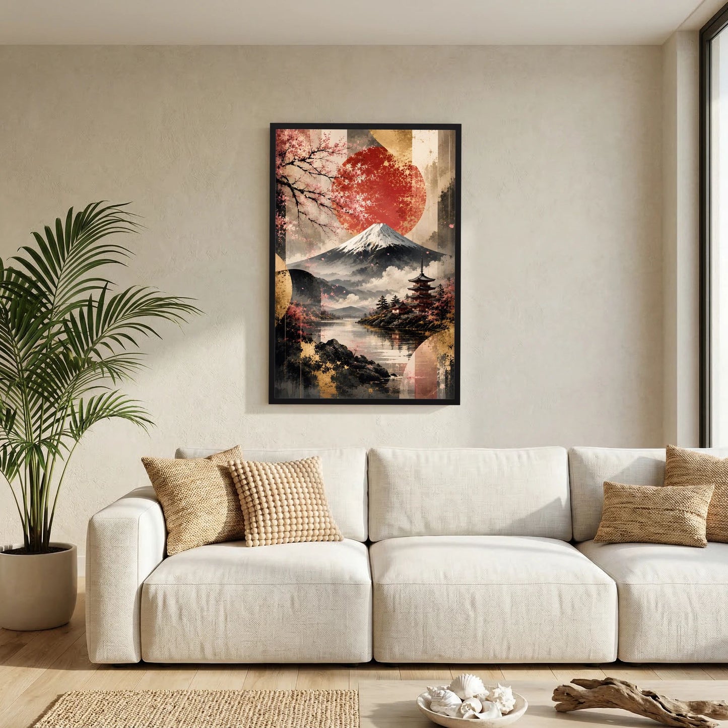 Hochformatiges Poster mit japanischer Landschaft, Fuji und roter Sonne im schwarzen Rahmen