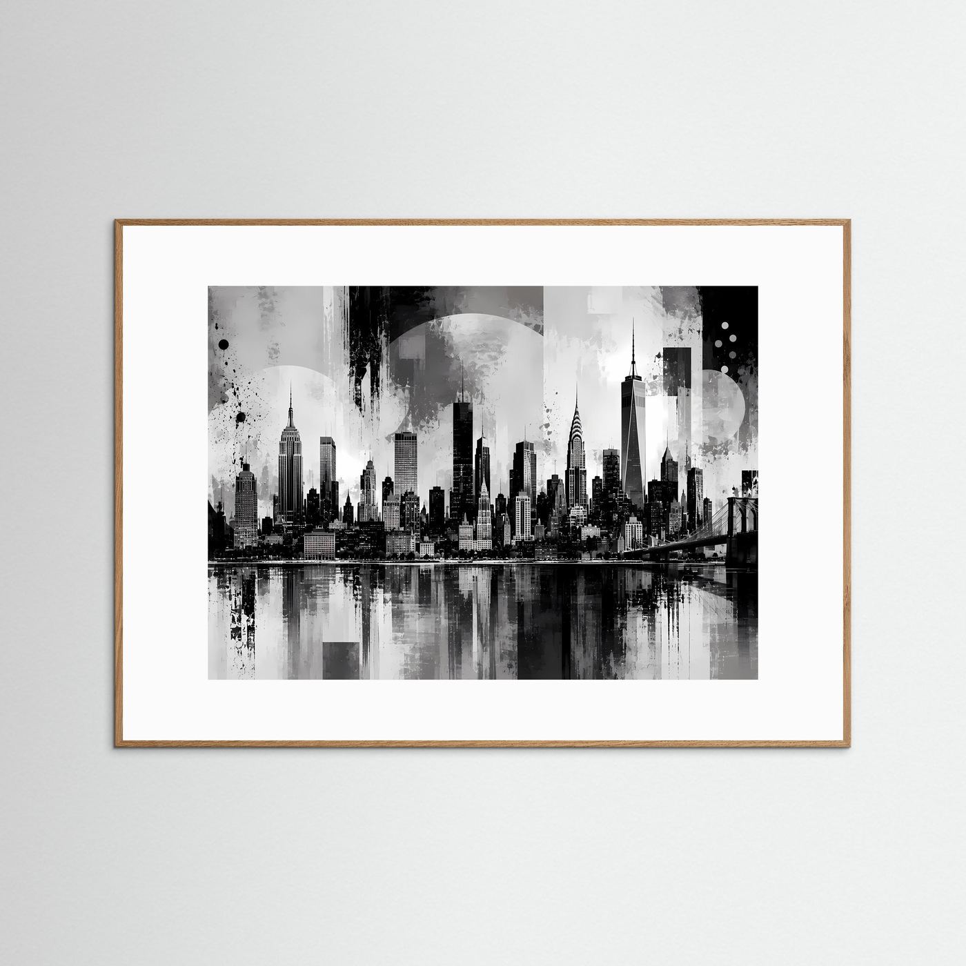 Schwarzweiß-Stadtposter mit Skyline über Fluss und Brücke, im braunem Rahmen mit Passepartout