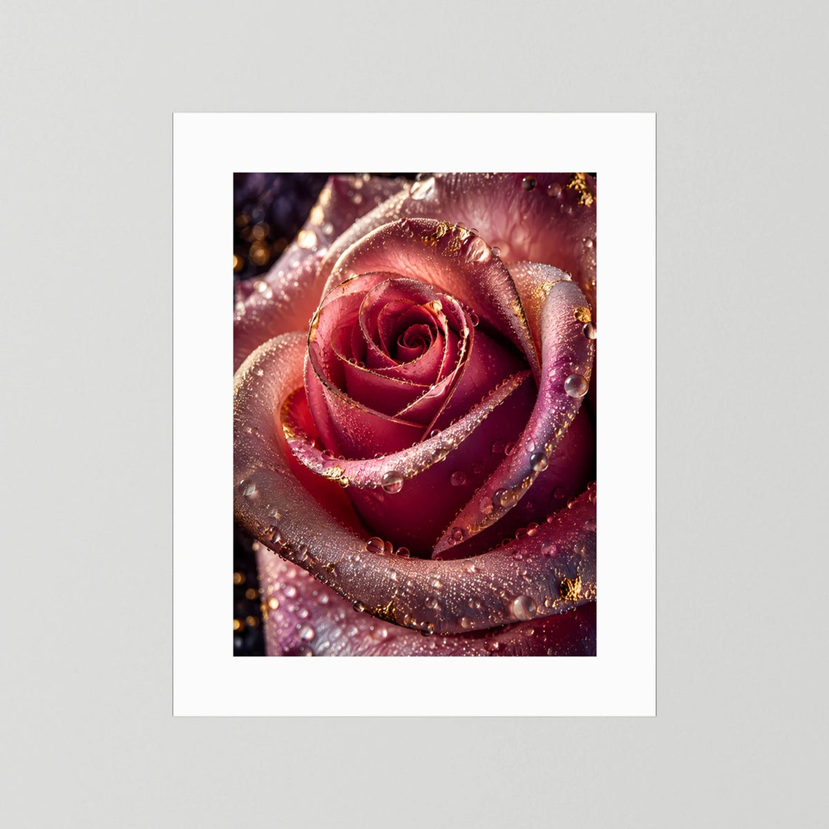 Hochformat-Poster mit roter Rose, Goldakzenten und Wassertropfen im weißen Passepartout