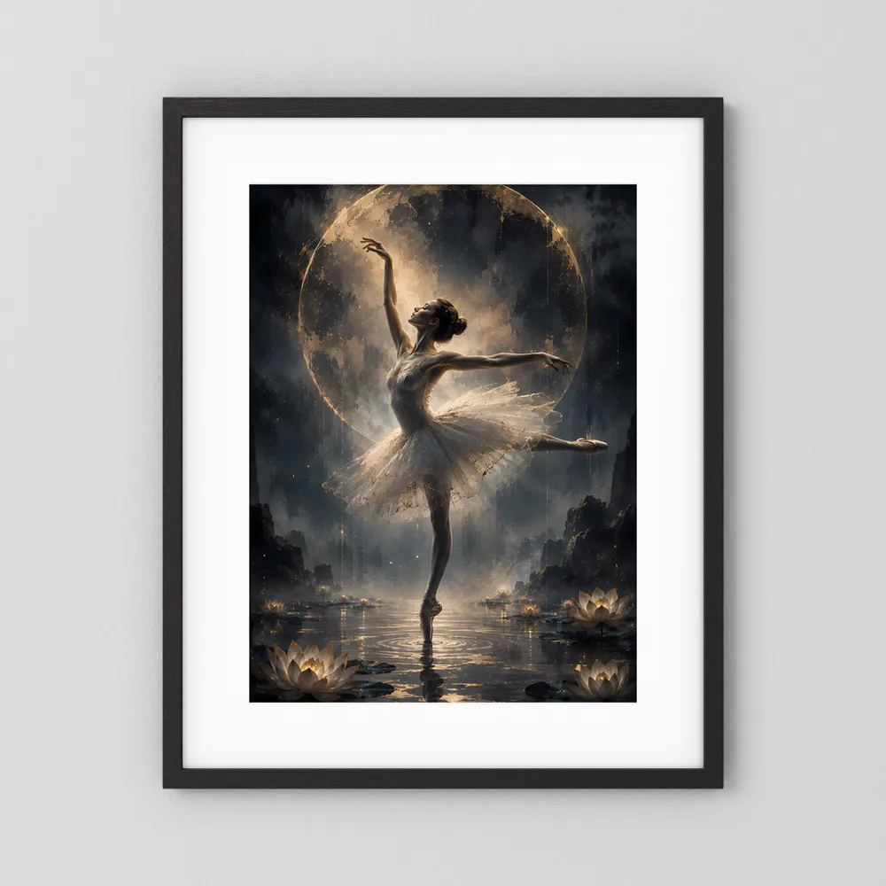 Hochformatiges Poster im schwarzen Rahmen mit weißem Passepartout: Ballerina im Goldlicht