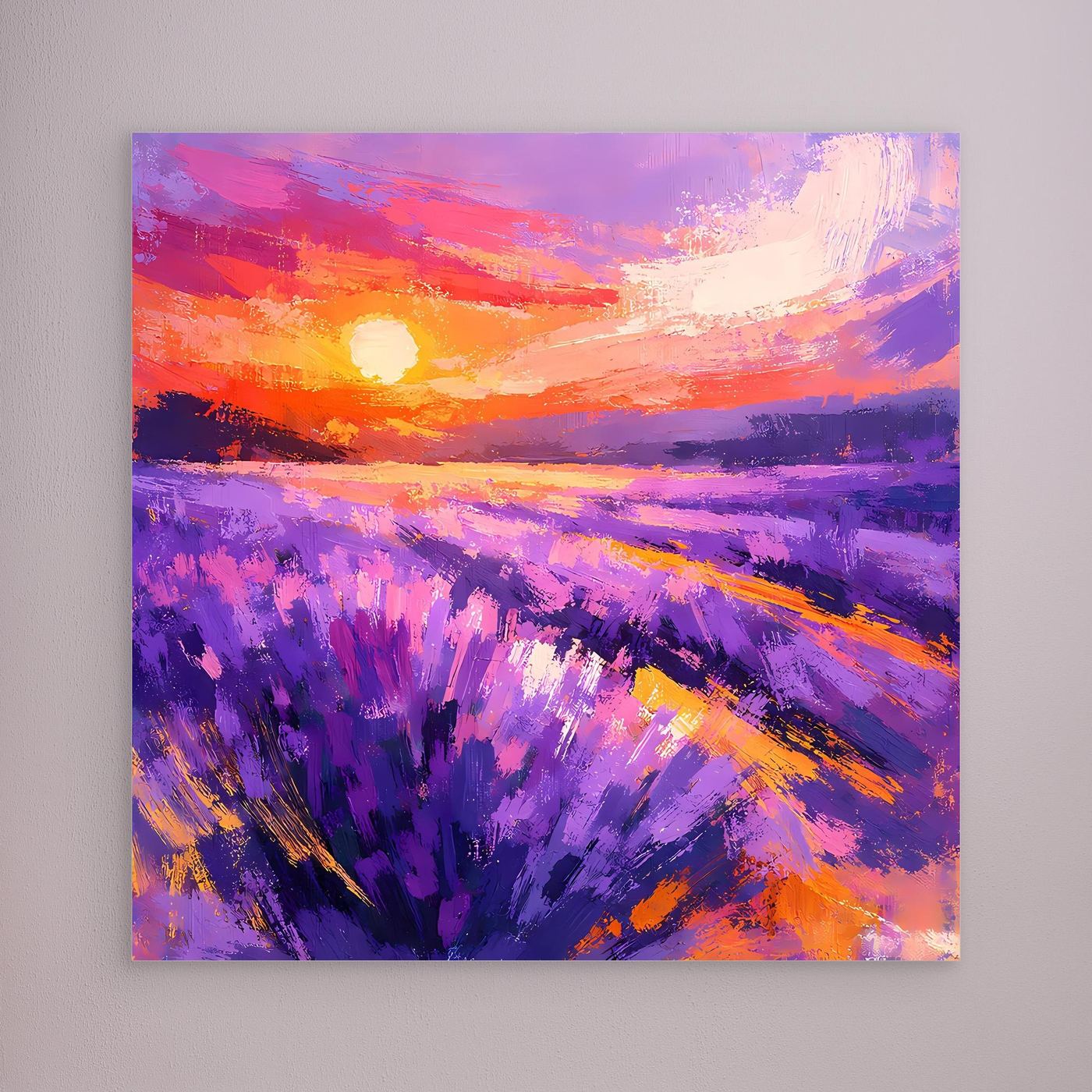 Lavender field wall art with purple blossoms and orange-pink sunset, unframed.