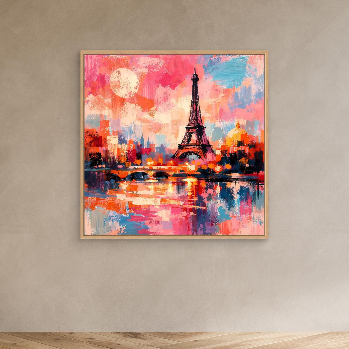 Abstraktes Leinwand-Wandbild mit Eiffelturm und Stadt, pink-blau, im Eichenrahmen