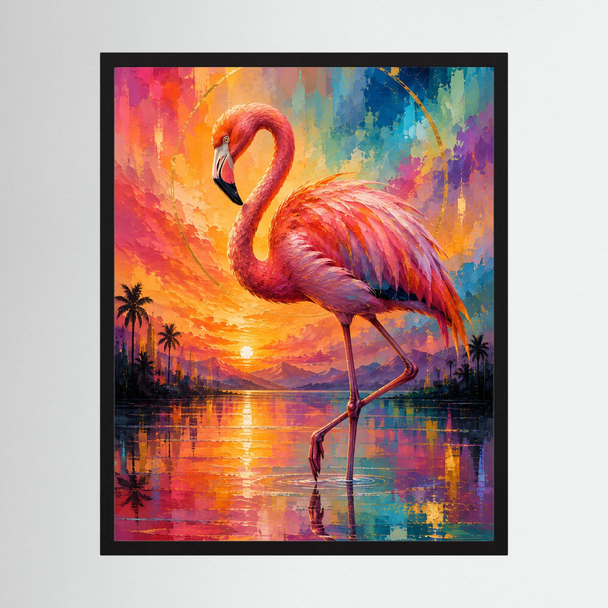 Kunstposter im schwarzen Rahmen: Flamingo in Pink und Türkis bei farbigem Sonnenuntergang