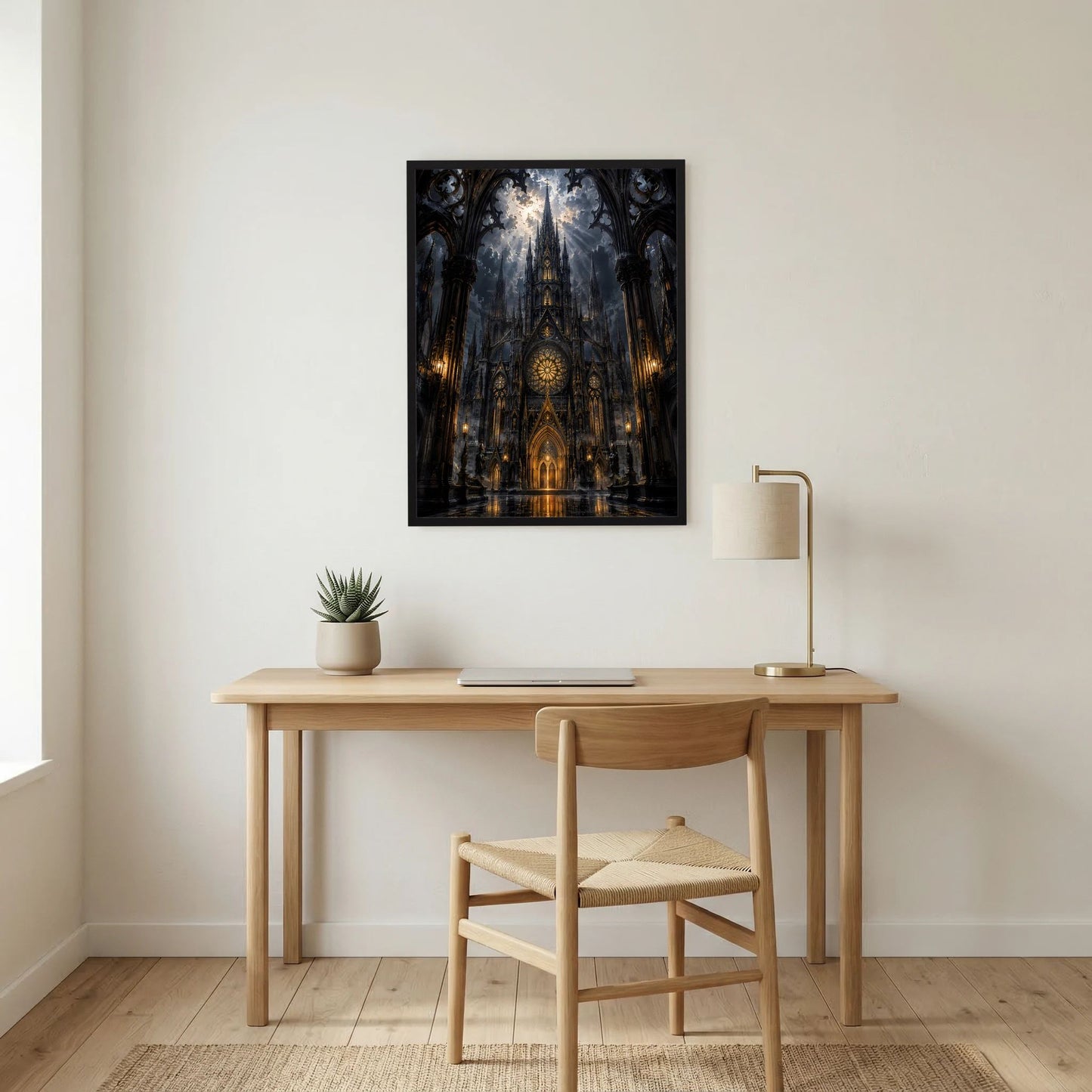 Wandposter mit gotischer Kathedrale in Schwarz und Gold, im schwarzen Rahmen