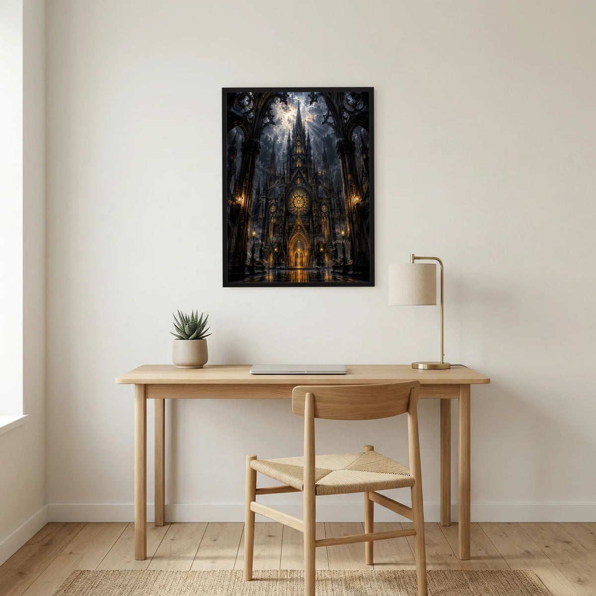 Wandposter mit gotischer Kathedrale in Schwarz und Gold, im schwarzen Rahmen