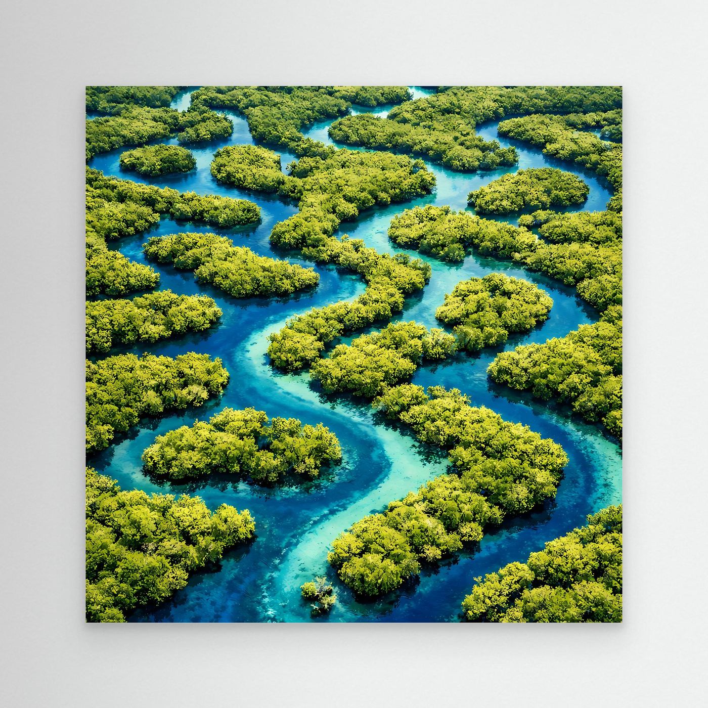 Leinwandbild Wasserlabyrinth: türkisblauer Fluss durch grüne Inseln, abstrakte Natur
