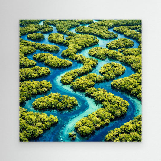 Leinwandbild Wasserlabyrinth: türkisblauer Fluss durch grüne Inseln, abstrakte Natur