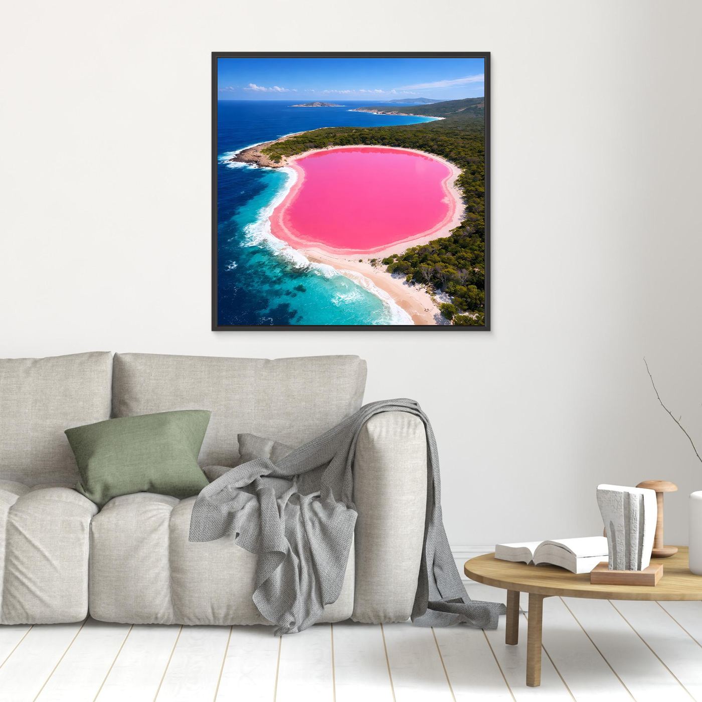 Leinwandbild mit rosa See und türkisfarbener Küste, kleines Hochformat, schwarzer Rahmen