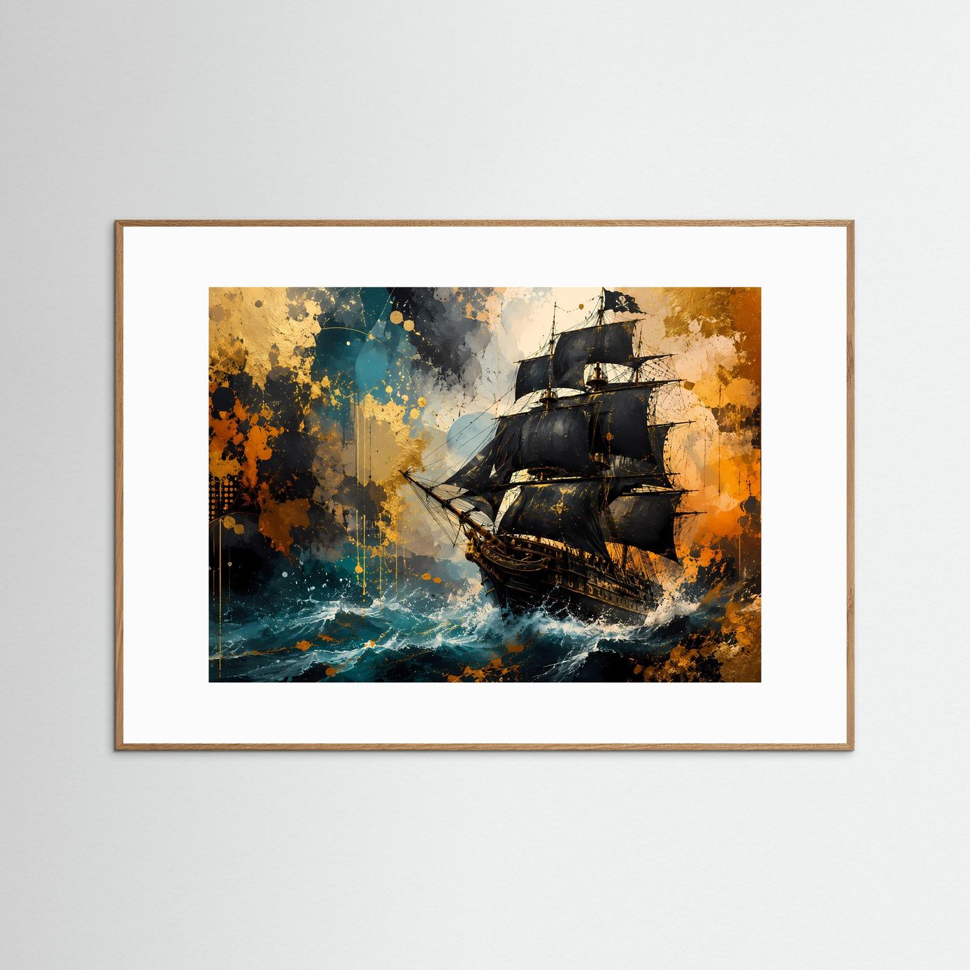 Historisches Segelschiff Poster Querformat | Abstrakte Maritime Wandkunst in Blau & Gold | Elegantes Piratenschiff Wandbild