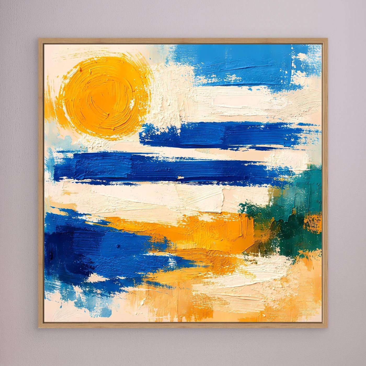 Oak-framed abstract canvas wall art with blue waves and yellow sun brushstrokes.