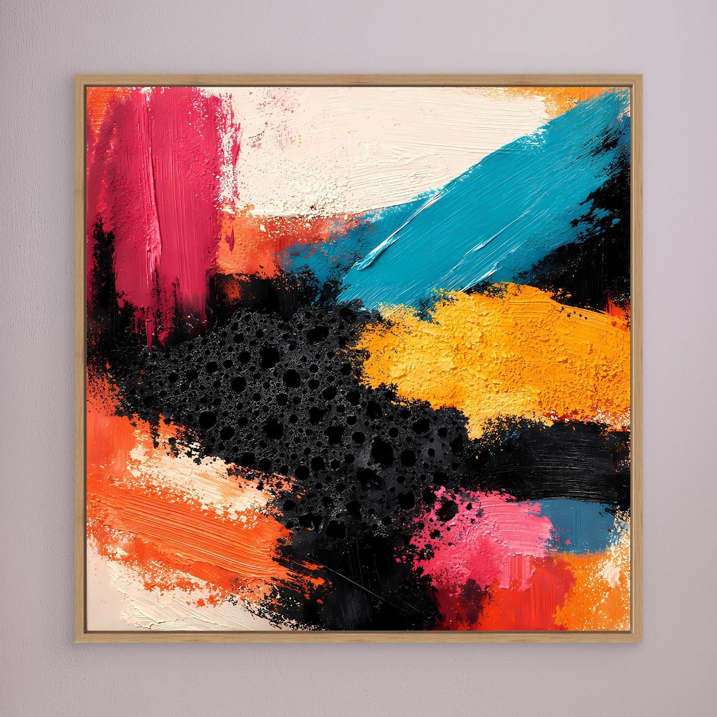 Abstraktes Leinwandbild mit Farbflecken in Rot, Blau, Gelb und Schwarz, gold gerahmt