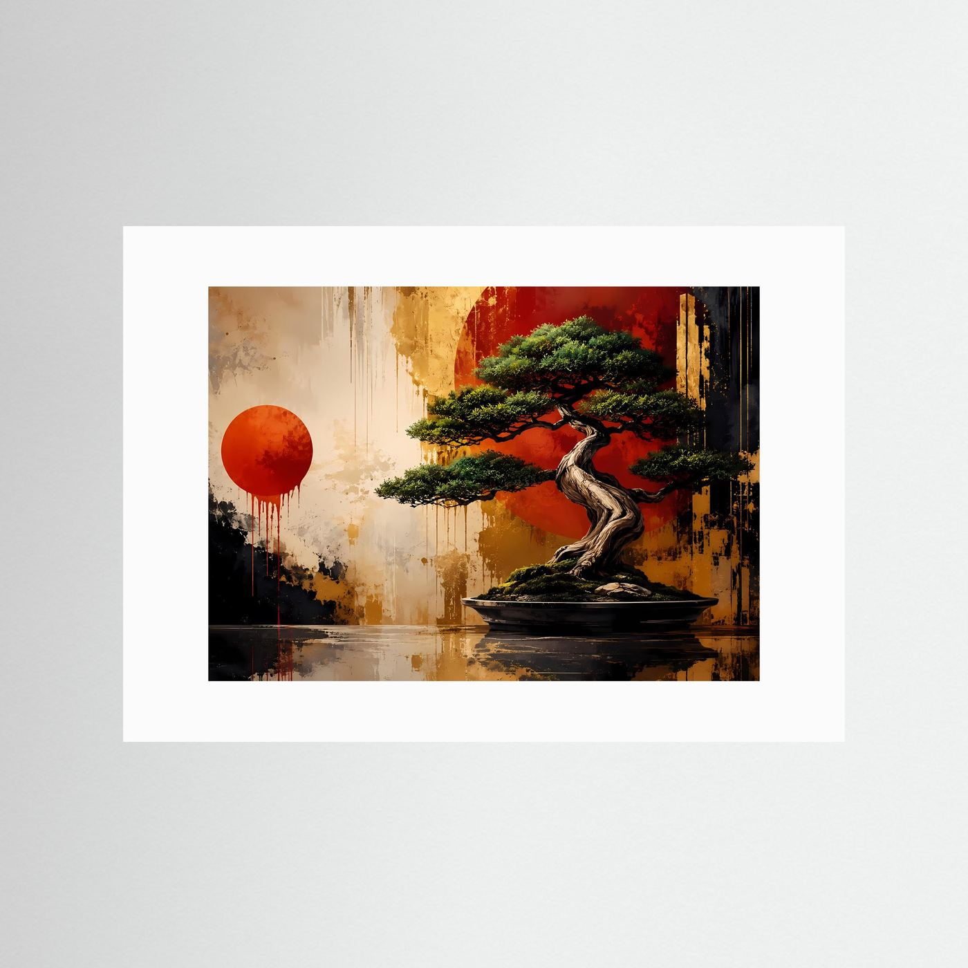 Japanischer Bonsai vor roter Sonne | Modernes Zen & Natur Poster im Querformat