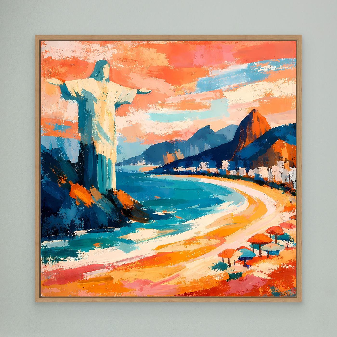 Abstraktes Strand-Wandbild mit goldbraunem Rahmen, türkisblaues Meer und orangefarbener Farbfläche