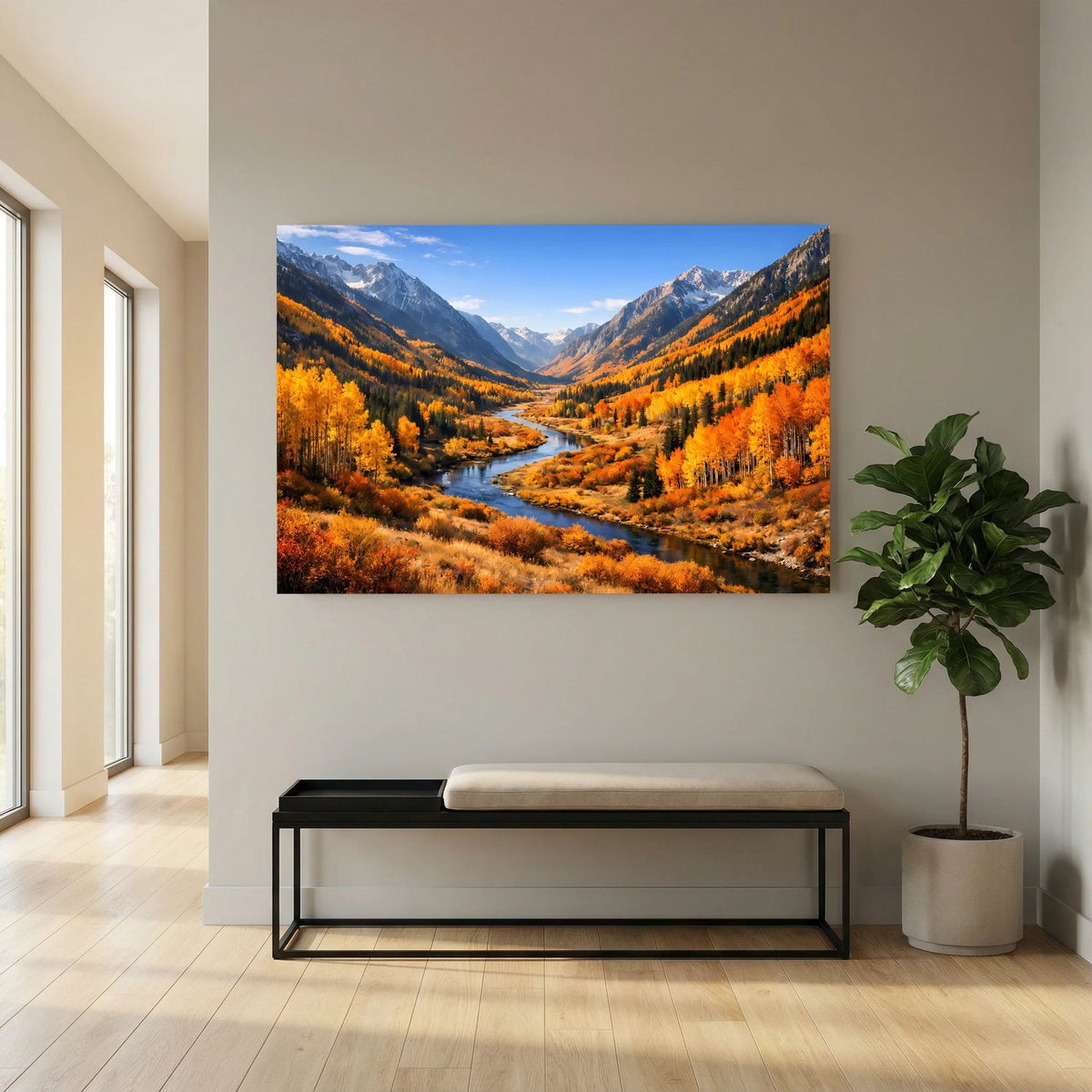Wandposter querformat mit Bergtal-Fluss im Herbst, orange Vegetation und klarer Himmel