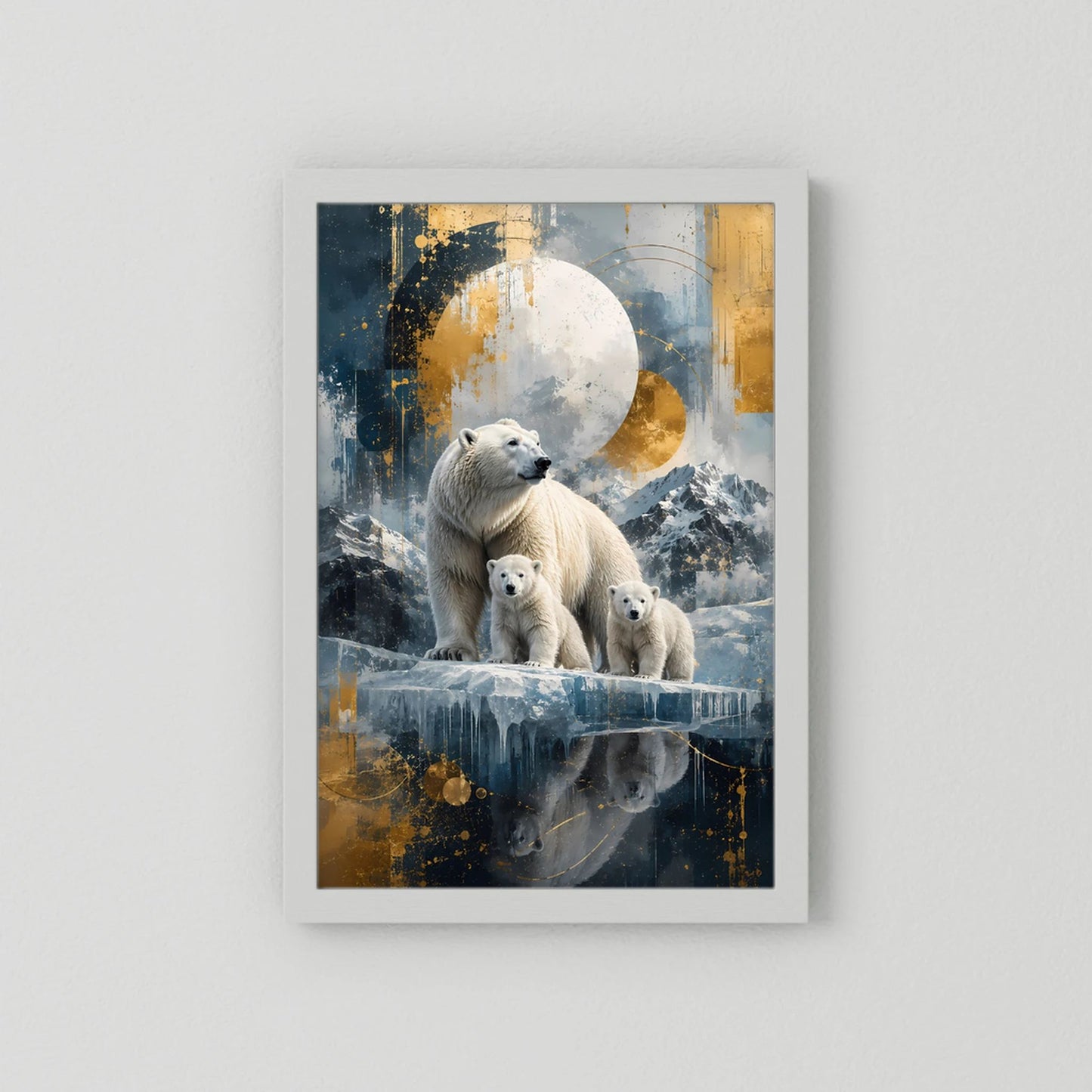Hochformatiges Poster mit Eisbärenfamilie und Mond, Blau‑Weiß‑Gold, im weißen Rahmen