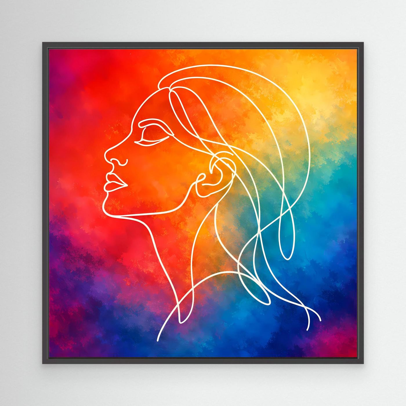 Leinwandbild Frauen-Silhouette in Line Art, buntes Aquarell, schwarzer Rahmen
