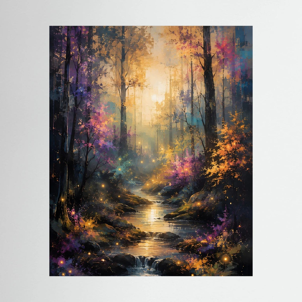 Wandposter mit mystischem Wald, leuchtendem Bach und farbenfrohen Lichtern