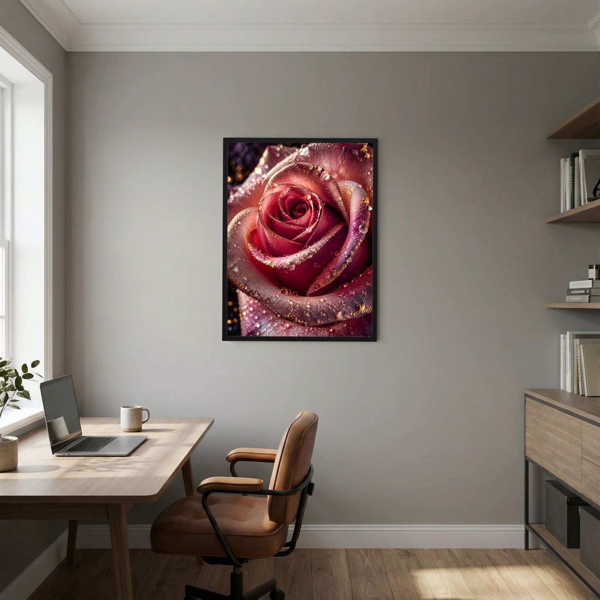 Rosenposter im schwarzen Rahmen: rote Rose mit Wassertropfen und goldenen Highlights