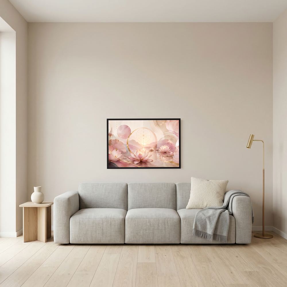Wanddekoration im Querformat: gerahmtes Poster mit rosa Lotusblüten, goldenen Akzenten