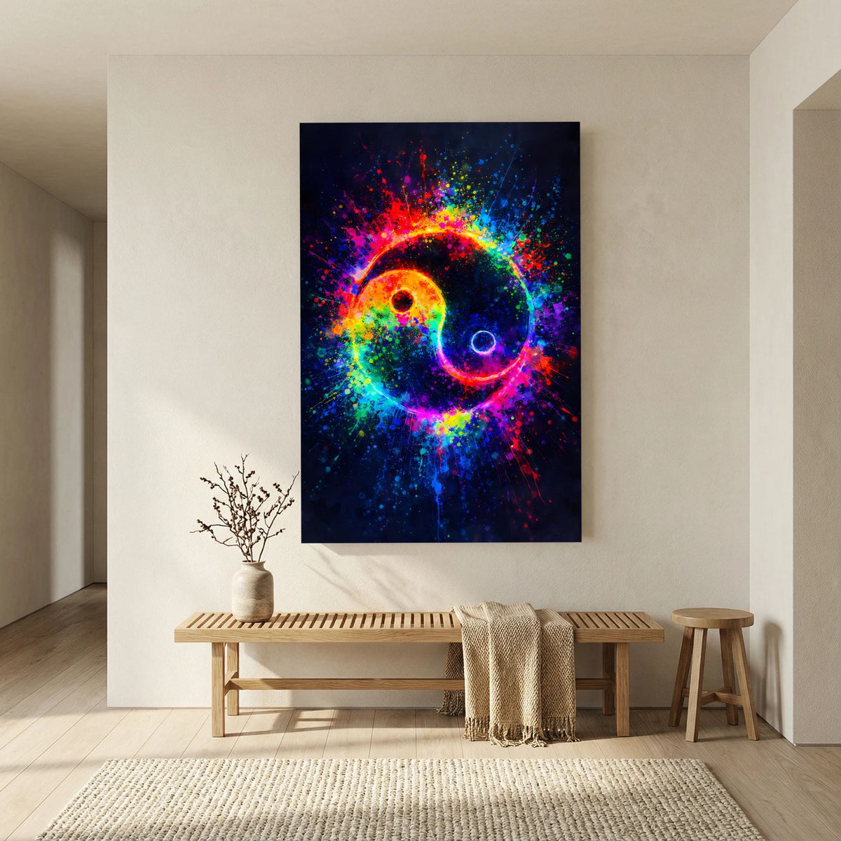 Schwarz gerahmtes Hochformat-Poster mit leuchtendem Yin-Yang in Regenbogenfarben