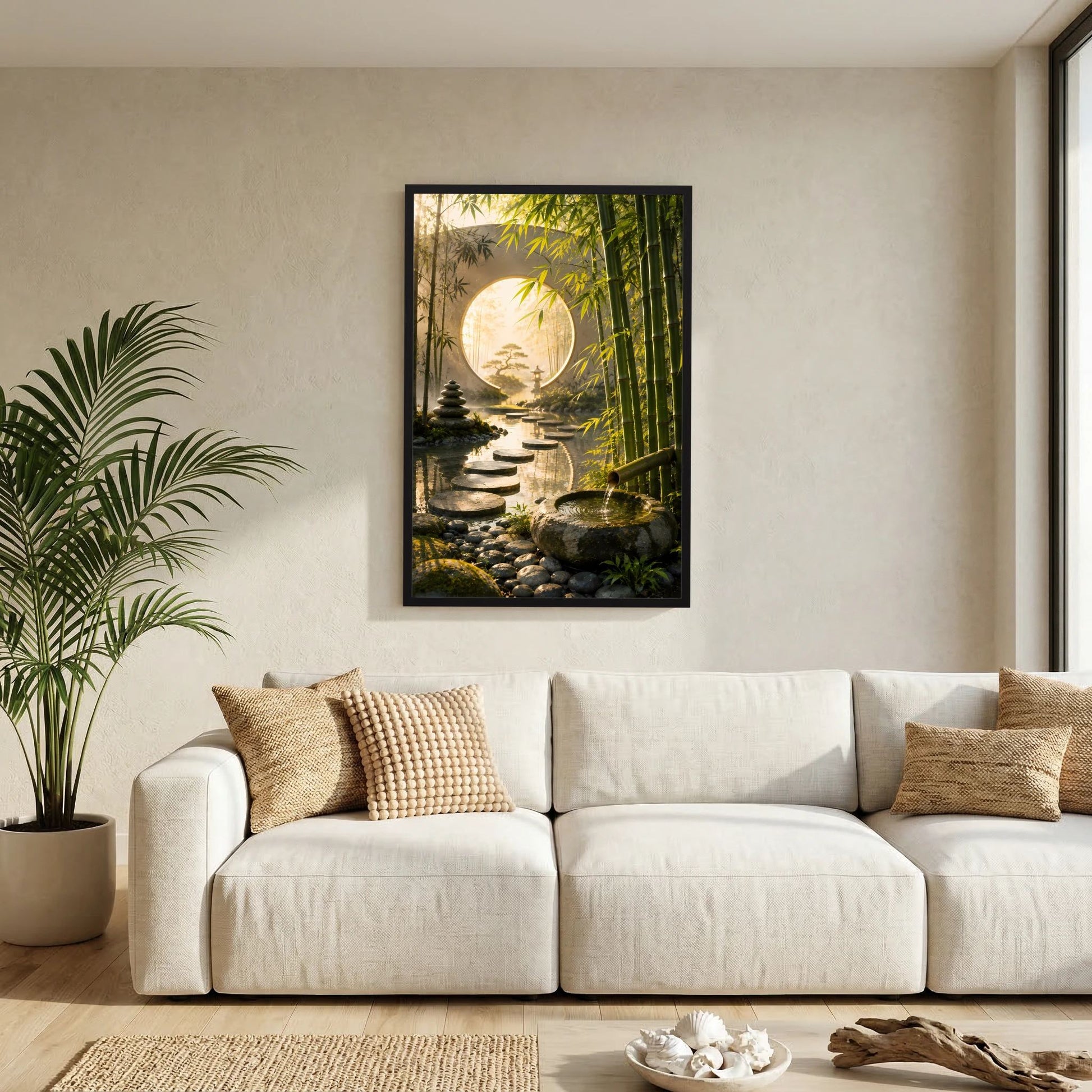 Hochformat-Poster Zen-Garten: Bambusallee, Trittsteine im Wasser, rundes Mondtor, schwarzer Rahmen