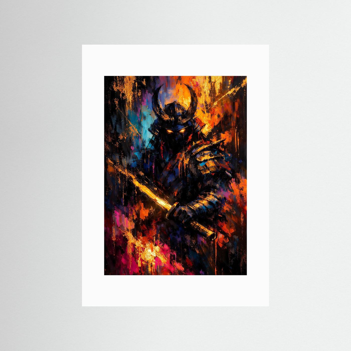Samurai-Kunstposter im Hochformat mit glühendem Schwert, abstrakten Farbspritzern, mit weißem Passepartout