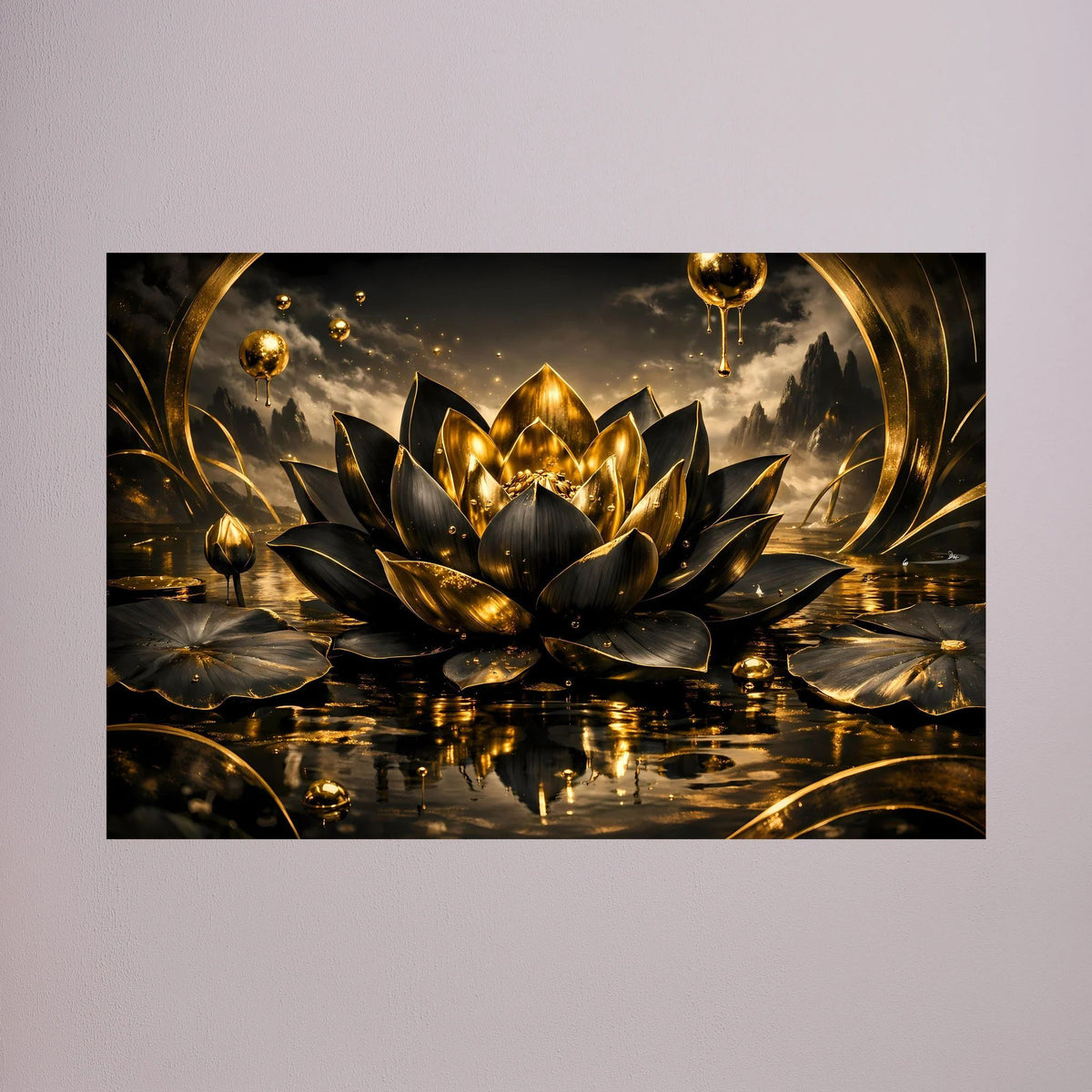 Wandposter mit gold-schwarzer Lotusblüte, goldenen Tropfen und Ringen, Querformat