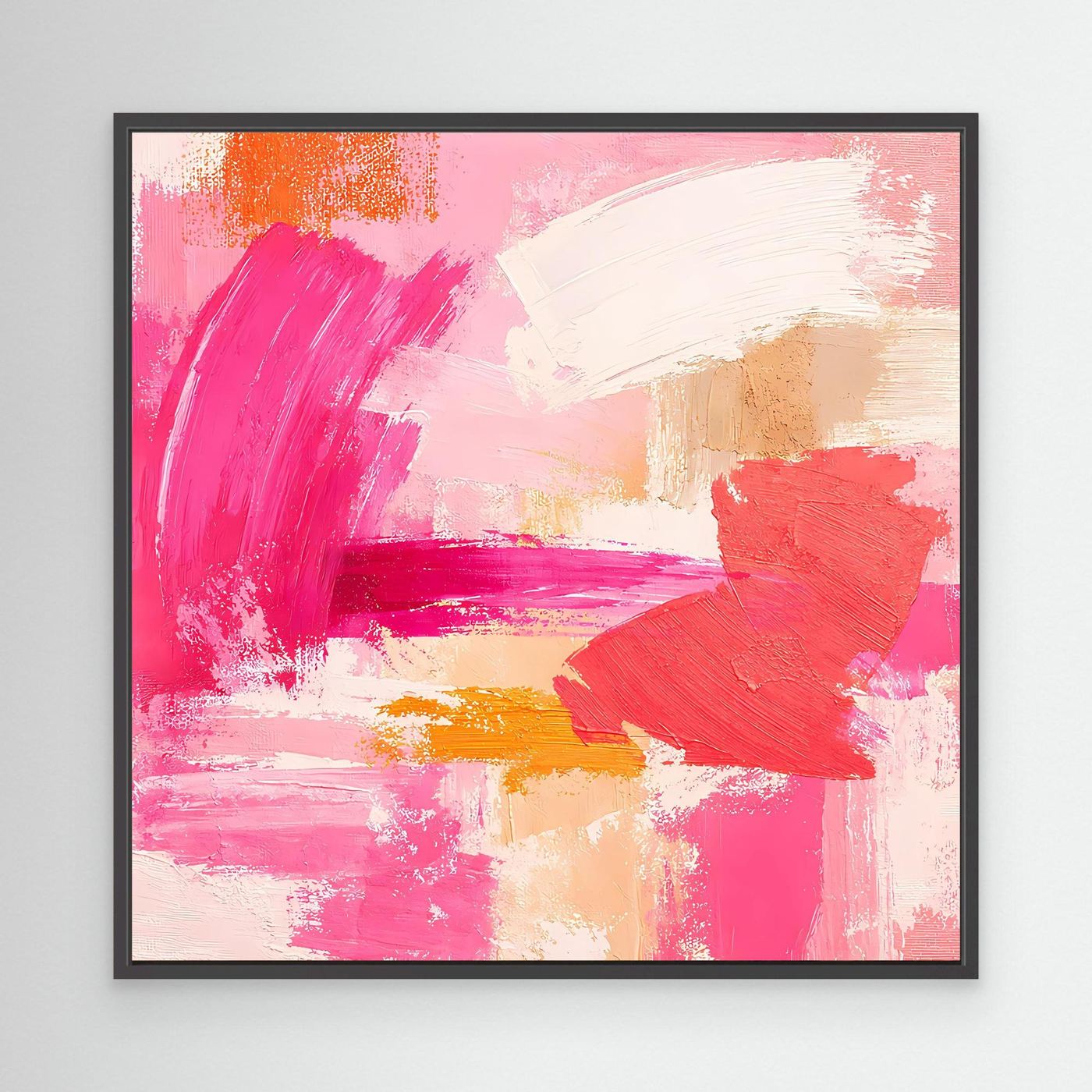 Leinwand-Wandbild abstrakt mit Pinselstrichen in Rosa und Pastelltonen, mit schwarzem Rahmen