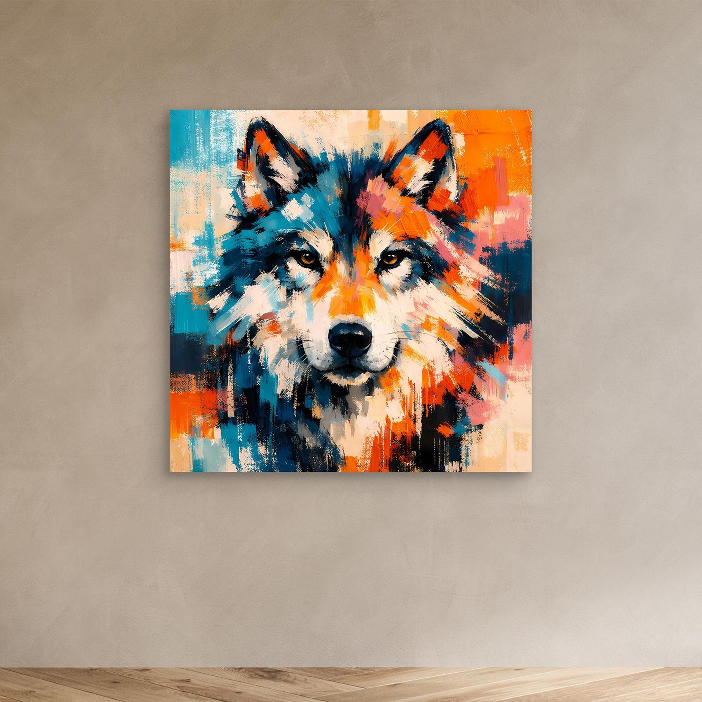 Abstract wolf canvas wall art with blue and orange brushstrokes, unframed