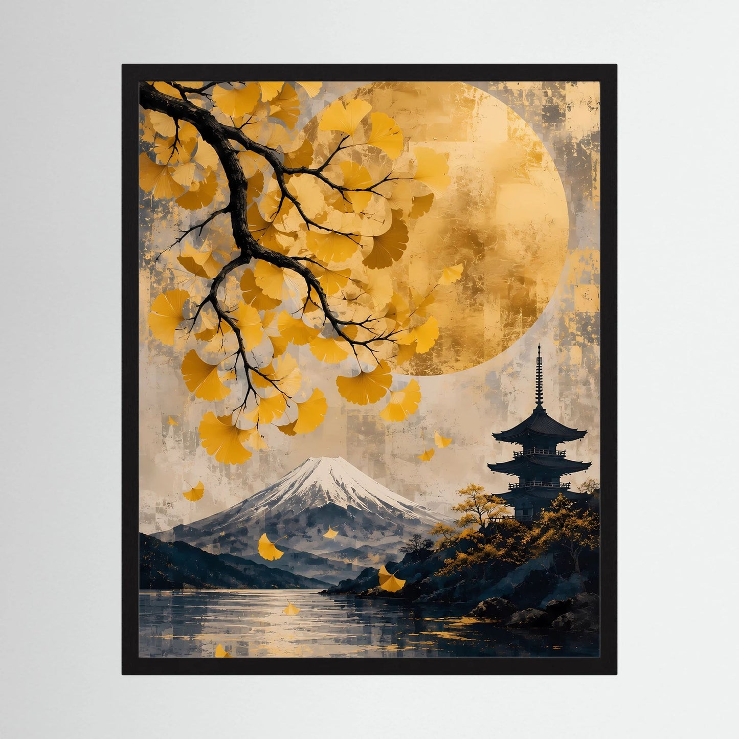 Gerahmtes Poster im Hochformat: japanische Landschaft mit Fuji, Pagode, goldgelben Blättern und Mond