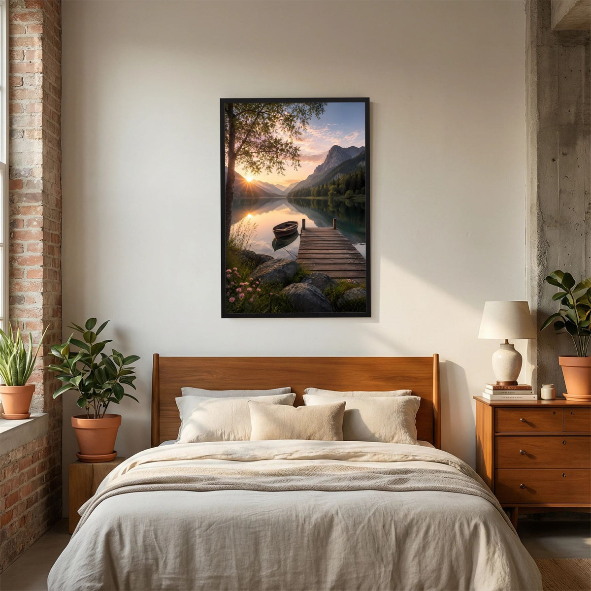 Wandbild-Poster im Rahmen: See mit Boot und Holzsteg vor Bergen bei Sonnenaufgang