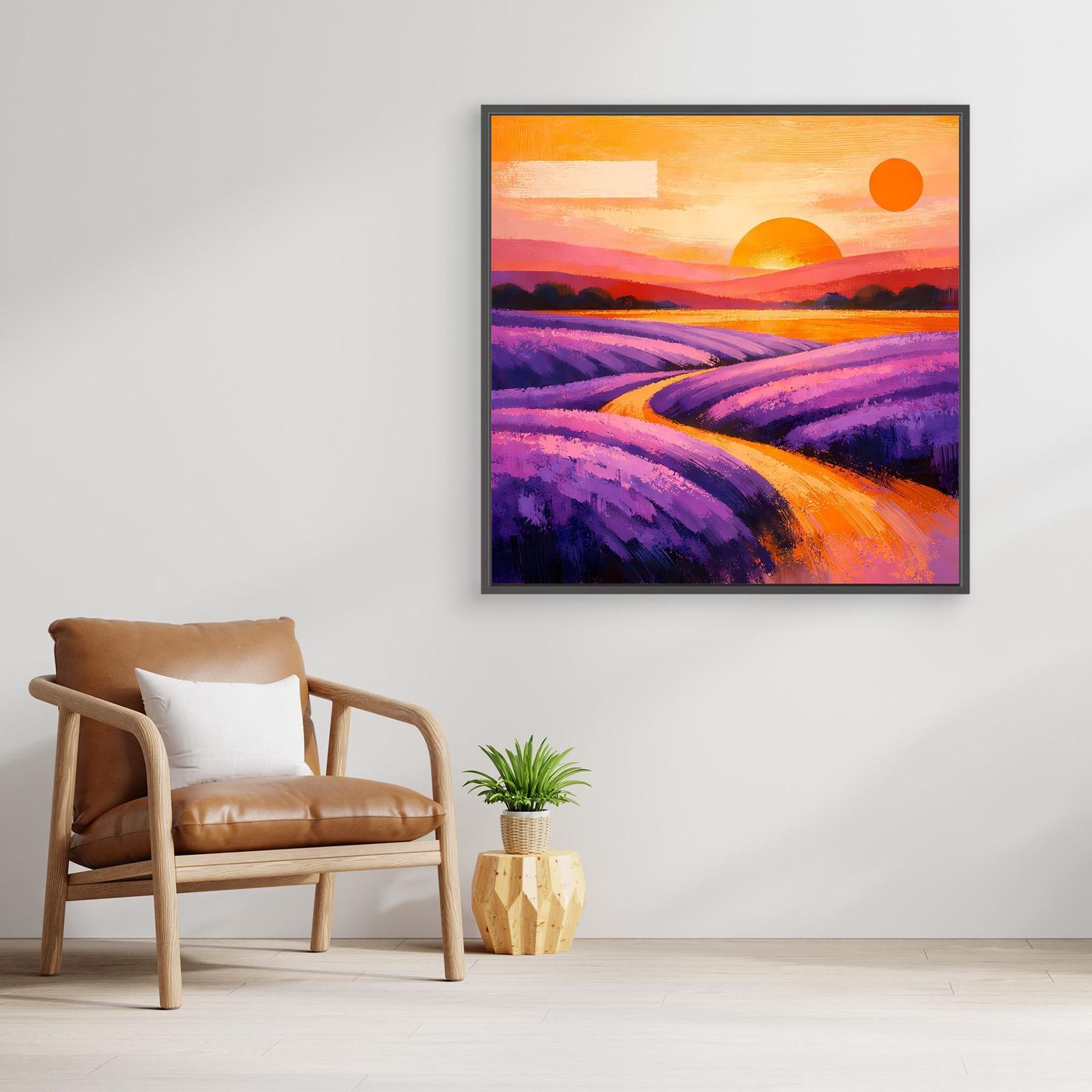 Abstraktes Wandbild auf Leinwand: lila Lavendelfeld mit orangefarbenem Himmel und Sonne