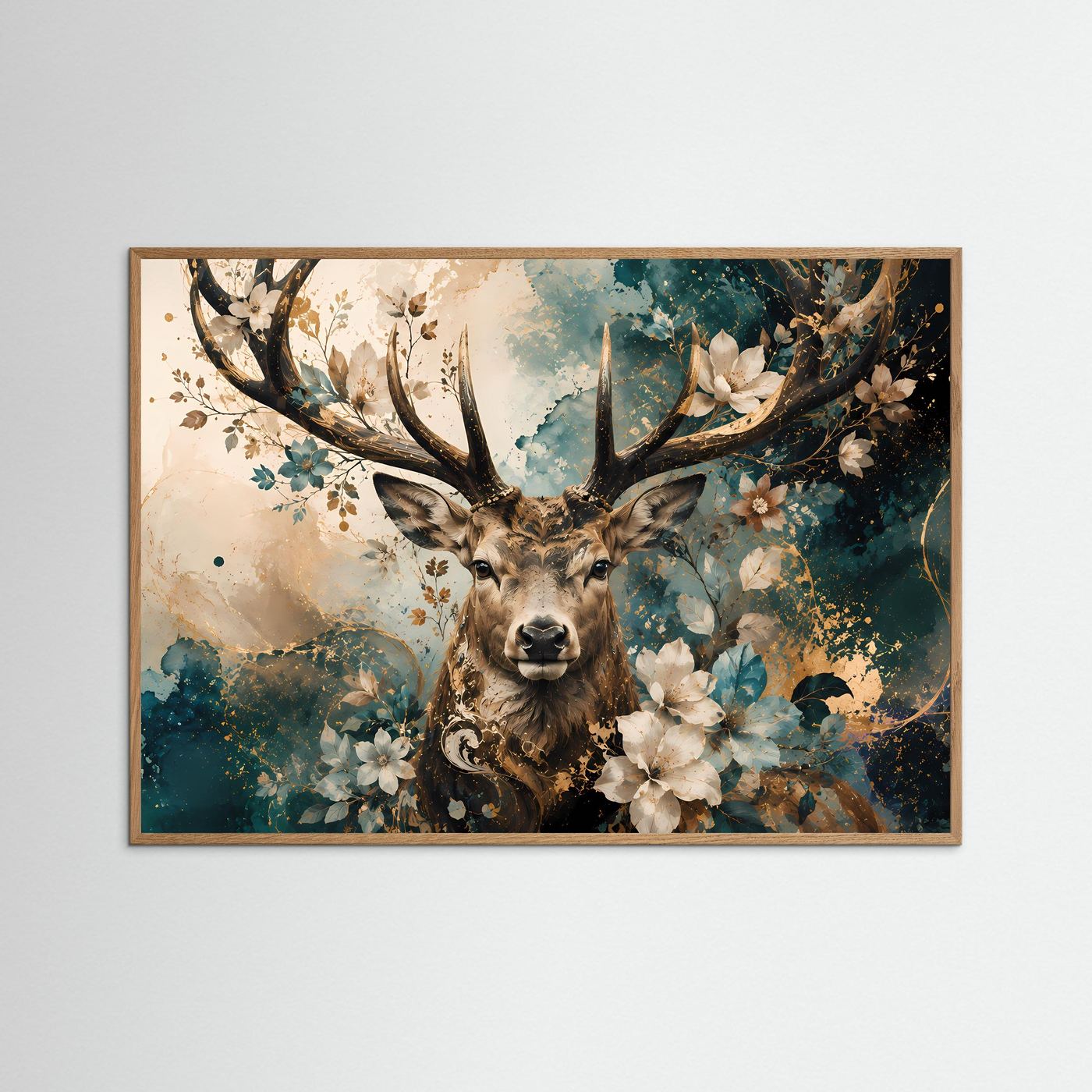 Hirsch Poster | Florales Hirsch Wandbild | Elegante Hirschkunst mit Blumen | Modernes Natur Wandbild | Abstrakte Premium Wall Art