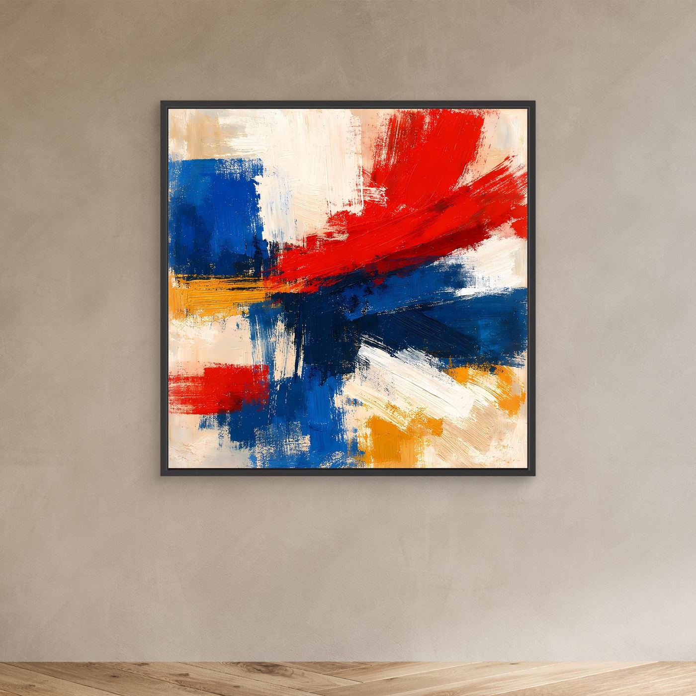 Framed abstract canvas wall art with red, blue, and yellow brushstrokes; black frame