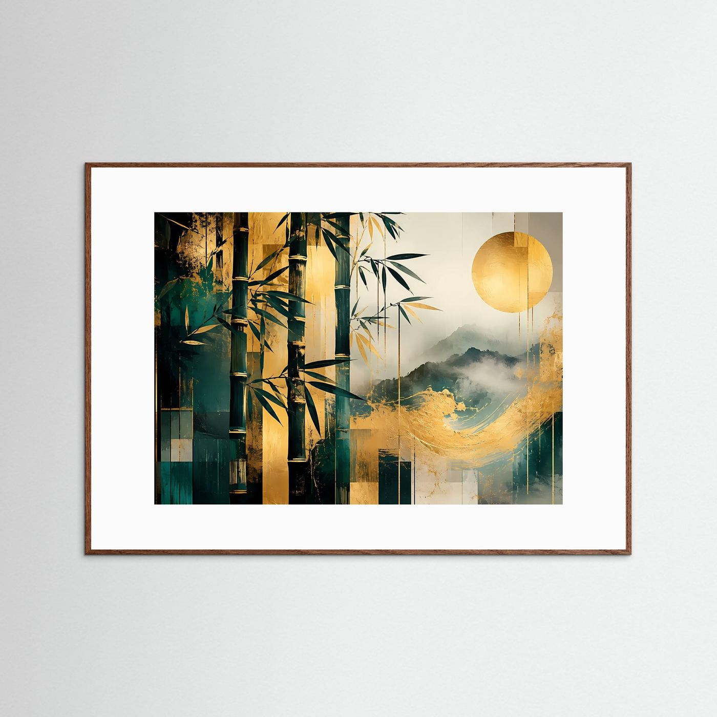 Bambus Gold Poster | Japanische Landschaft Wandbild Modern | Abstrakte Zen Kunst mit Bergen und Sonne