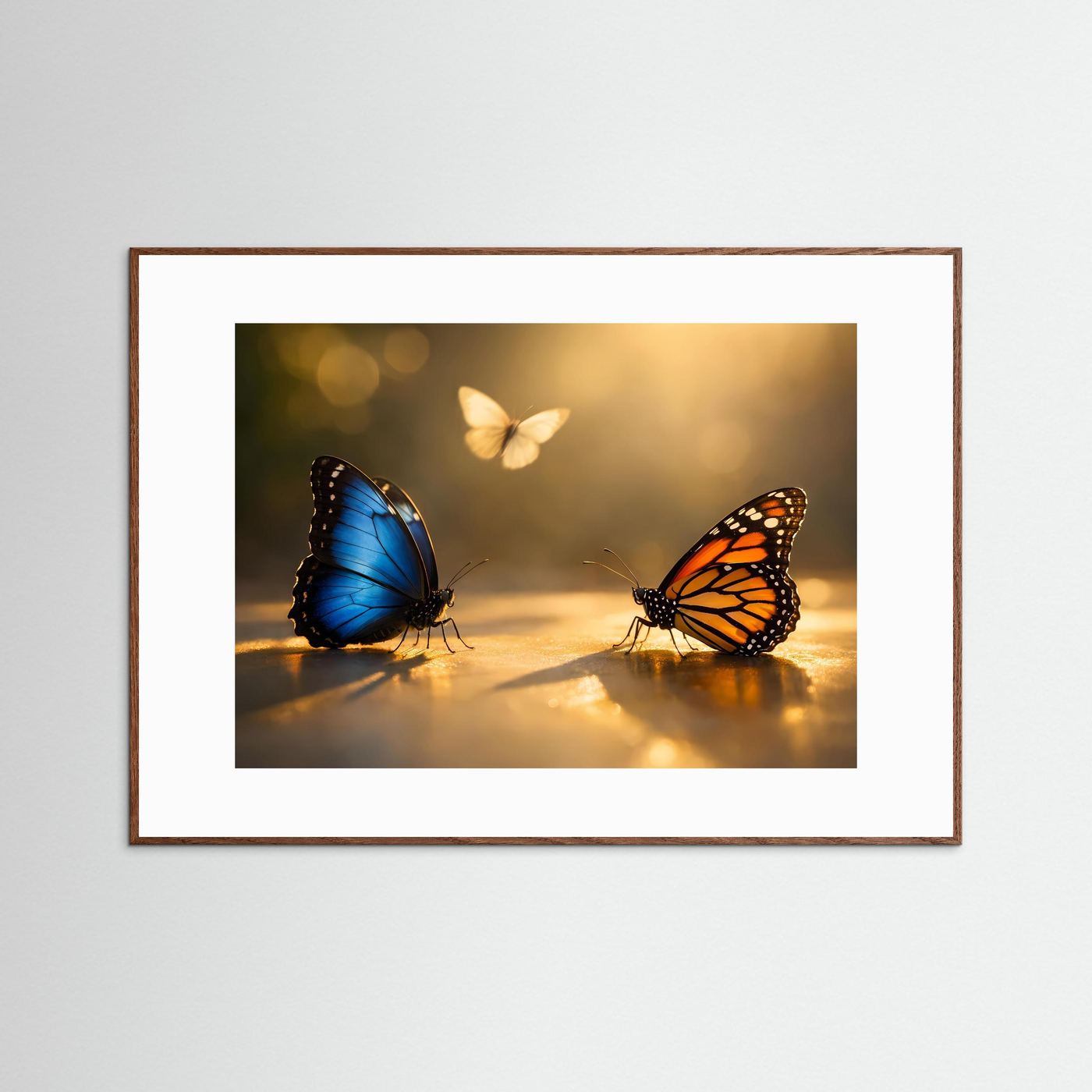 Poster mit Schmetterlingen, blau und orange, Querformat, naturbrauner Holzrahmen